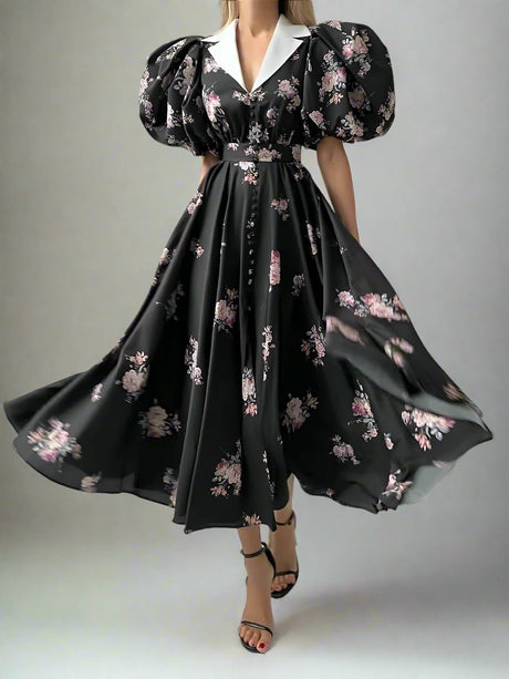 Années 40 Robe Midi Imprimé Fleur Manches Ballon - Ma Penderie Vintage