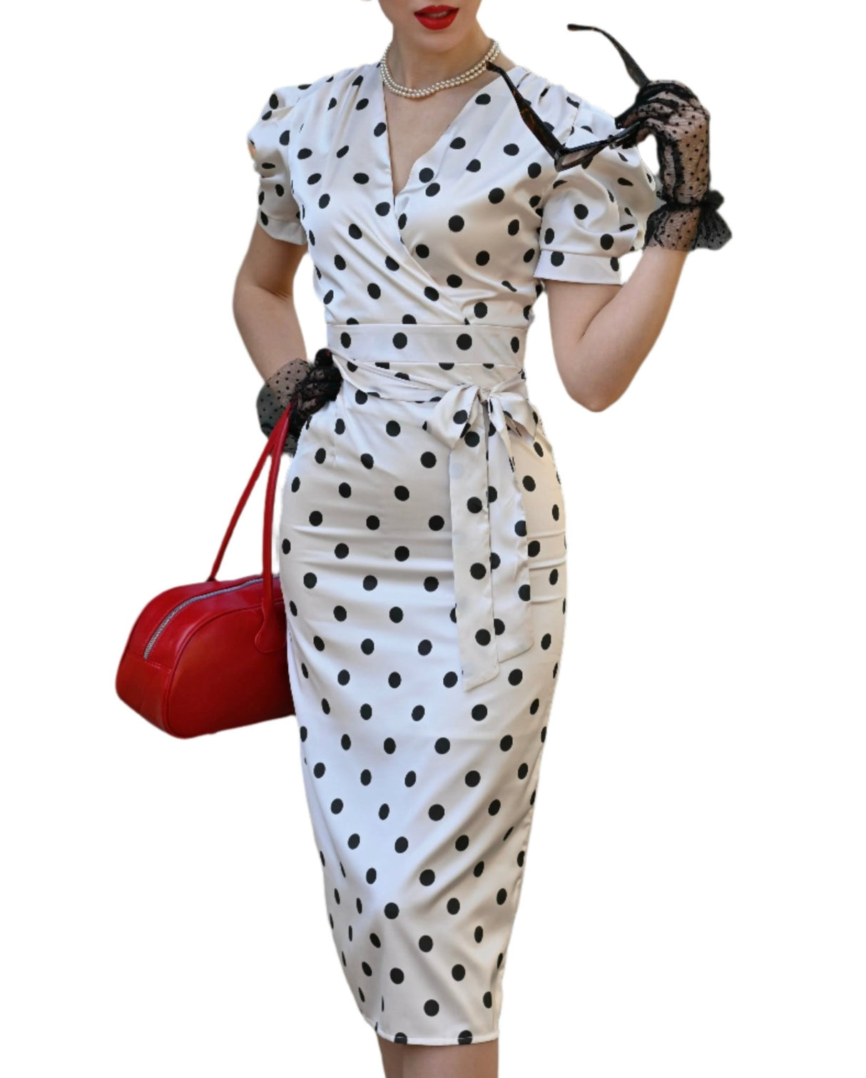 Années 50 Robe Midi à Pois Monroe à Manches Ballon - Ma Penderie Vintage