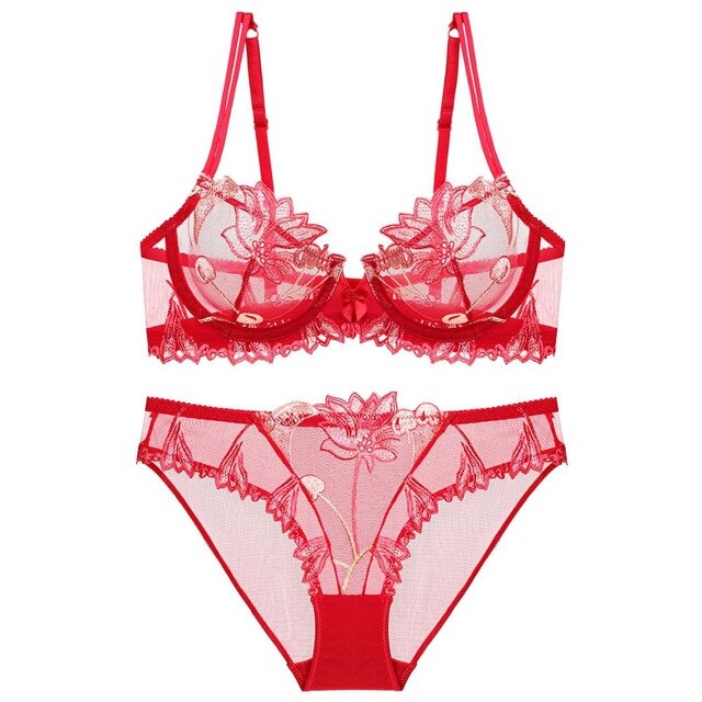 Années 60 Ensemble Soutien-Gorge et Culotte Brodé Cerise Rouge - Ma Penderie Vintage