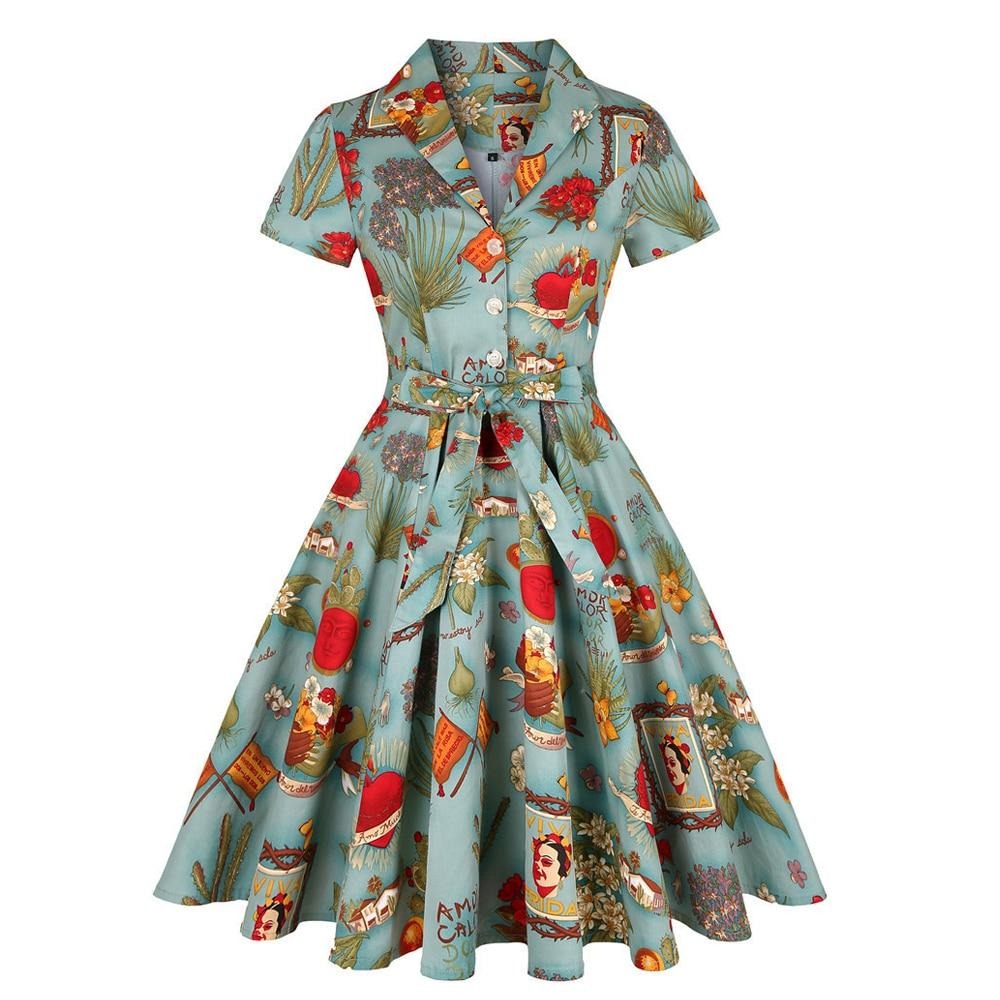 Années 60 Robe Evasée Imprimée Rock A Billy Frida Vert - Ma Penderie Vintage