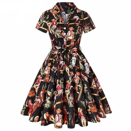 Années 60 Robe Evasée Imprimée Rock A Billy - Ma Penderie Vintage