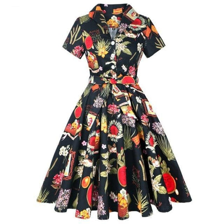 Années 60 Robe Evasée Imprimée Rock A Billy - Ma Penderie Vintage
